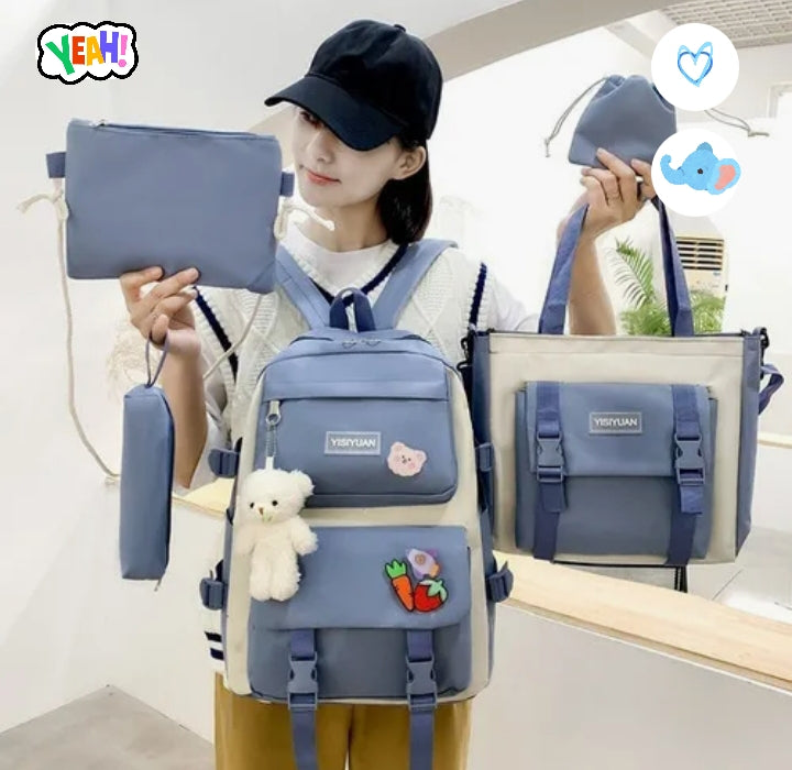 5 Piezas Kit Combo Mochila Escolar Kawa